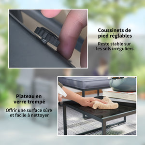 Salon de jardin extérieur 4 pièces modulaire avec canapé 3 places, 2 chaises et table basse en verre trempé, coussins inclus, mobilier de jardin terrasse veranda, gris