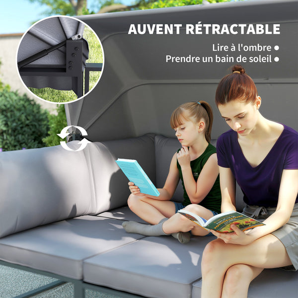 Salon de jardin extérieur 4 pièces modulaire avec canapé 3 places, 2 chaises et table basse en verre trempé, coussins inclus, mobilier de jardin terrasse veranda, gris