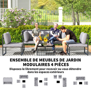 Salon de jardin extérieur 4 pièces modulaire avec canapé 3 places, 2 chaises et table basse en verre trempé, coussins inclus, mobilier de jardin terrasse veranda, gris