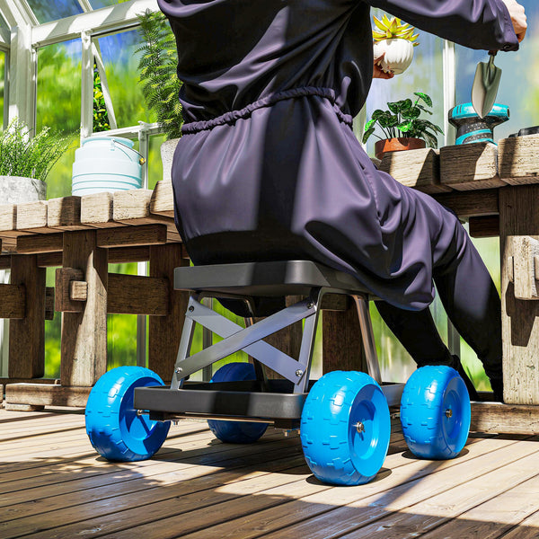 Siège de jardin sur roues tabouret de jardinage plateau à outils chariot jardinage avec siège pour désherber, planter, 50 x 49 x 32 cm bleu