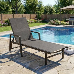 Chaise Longue Jardin Réglable à 4 Positions avec Roues et Accoudoirs, en Textilène et Aluminium, Bain de Soleil pour Terrasse Piscine Jardin Plage, 65x189x80cm, Gris Foncé