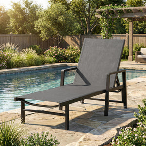 Chaise Longue Jardin Réglable à 4 Positions avec Roues et Accoudoirs, en Textilène et Aluminium, Bain de Soleil pour Terrasse Piscine Jardin Plage, 65x189x80cm, Gris Foncé