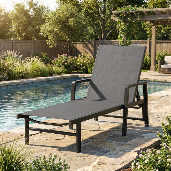 Chaise Longue Jardin Réglable à 4 Positions avec Roues et Accoudoirs, en Textilène et Aluminium, Bain de Soleil pour Terrasse Piscine Jardin Plage, 65x189x80cm, Gris Foncé