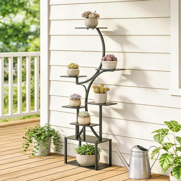 Étagère à fleurs en métal à 8 niveaux, étagère à plantes en forme de S 158,5 cm, support de plantes, intérieur et extérieur, pour jardin, balcon, terrasse ou coin du salon, noir