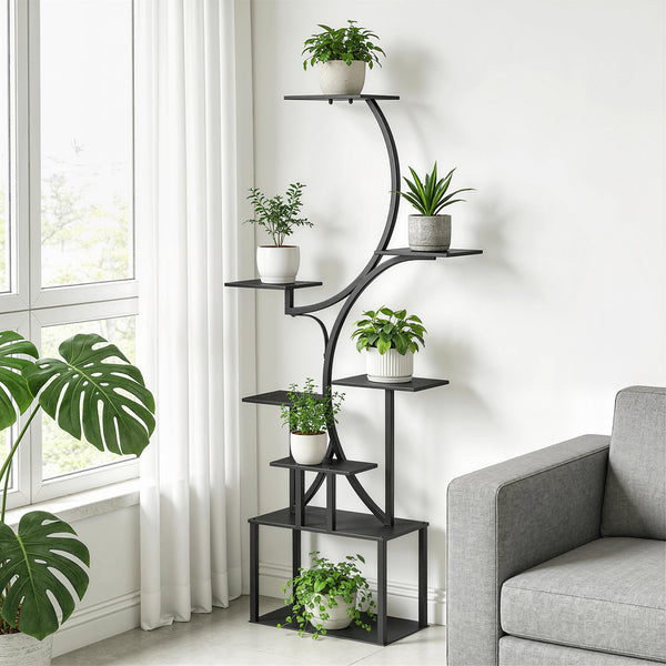 Étagère à fleurs en métal à 8 niveaux, étagère à plantes en forme de S 158,5 cm, support de plantes, intérieur et extérieur, pour jardin, balcon, terrasse ou coin du salon, noir