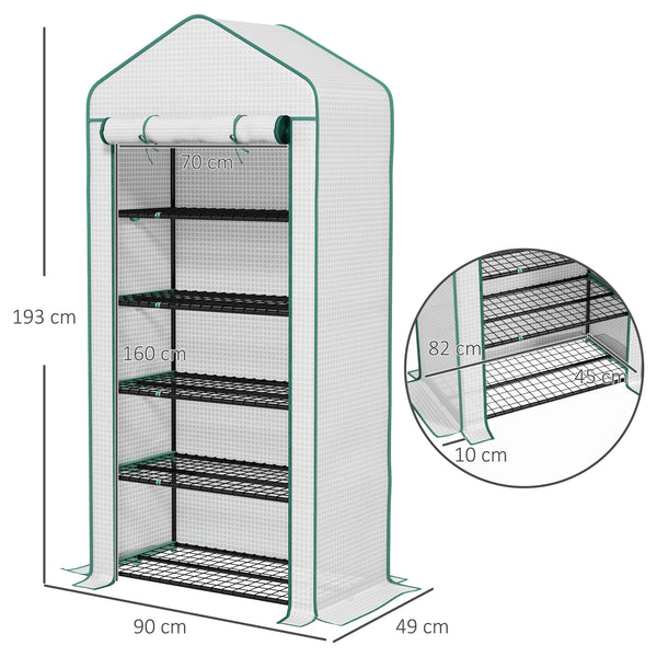 Serre de jardin avec étagères 5 niveaux, serre de balcon, bâche renforcée, châssis en acier, porte zippée enroulable, pour légumes plantes fleurs, 90x49x193cm, blanc