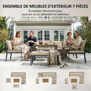 Salon de Jardin 7 Pièces - Ensemble Canapé d'Angle Extérieur Modulable avec Table en WPC et Pouf - Mobilier de Terrasse avec Coussins Épais et Accoudoirs en Résine Tressée, Beige et Gris