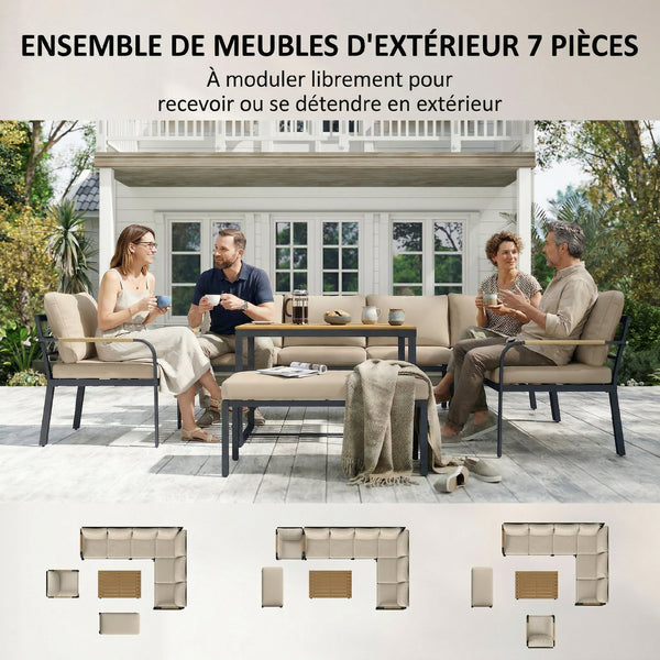 Salon de Jardin 7 Pièces - Ensemble Canapé d'Angle Extérieur Modulable avec Table en WPC et Pouf - Mobilier de Terrasse avec Coussins Épais et Accoudoirs en Résine Tressée, Beige et Gris