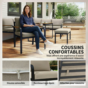 Salon de Jardin 7 Pièces - Ensemble Canapé d'Angle Extérieur Modulable avec Table en WPC et Pouf - Mobilier de Terrasse avec Coussins Épais et Accoudoirs en Résine Tressée, Beige et Gris