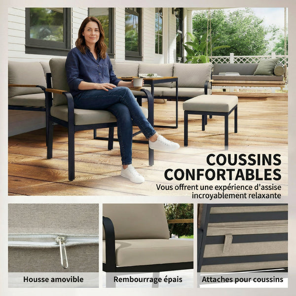 Salon de Jardin 7 Pièces - Ensemble Canapé d'Angle Extérieur Modulable avec Table en WPC et Pouf - Mobilier de Terrasse avec Coussins Épais et Accoudoirs en Résine Tressée, Beige et Gris