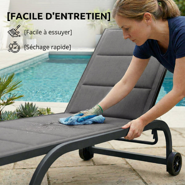 Bain de Soleil en Aluminium, Dossier Réglable 6 Positions avec Roues, Textilène 560g/m² et Rembourrage Intégré, Chaise Longue Anti-Rouille pour Terrasse Piscine Jardin Plage, Gris Foncé
