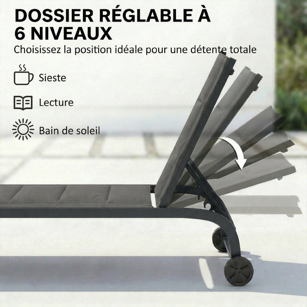 Bain de Soleil en Aluminium, Dossier Réglable 6 Positions avec Roues, Textilène 560g/m² et Rembourrage Intégré, Chaise Longue Anti-Rouille pour Terrasse Piscine Jardin Plage, Gris Foncé