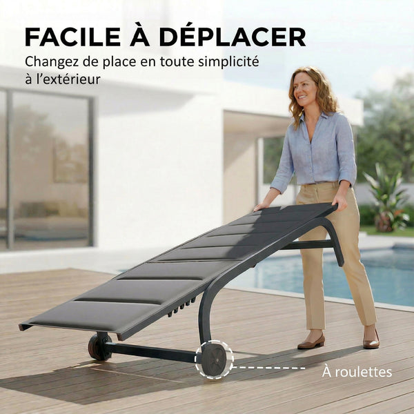 Bain de Soleil en Aluminium, Dossier Réglable 6 Positions avec Roues, Textilène 560g/m² et Rembourrage Intégré, Chaise Longue Anti-Rouille pour Terrasse Piscine Jardin Plage, Gris Foncé