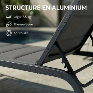 Bain de Soleil en Aluminium, Dossier Réglable 6 Positions avec Roues, Textilène 560g/m² et Rembourrage Intégré, Chaise Longue Anti-Rouille pour Terrasse Piscine Jardin Plage, Gris Foncé