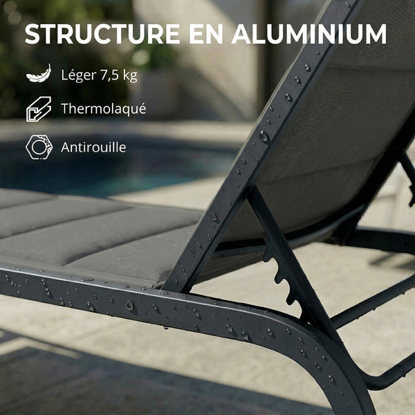 Bain de Soleil en Aluminium, Dossier Réglable 6 Positions avec Roues, Textilène 560g/m² et Rembourrage Intégré, Chaise Longue Anti-Rouille pour Terrasse Piscine Jardin Plage, Gris Foncé