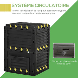 Composteur de jardin 300L, bac composteur pour jardin en polypropylène, 48 aérations, couvercle pratique et sécurisé, noir