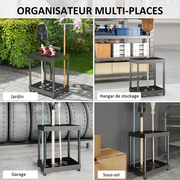 Organisateur d'outils de jardin, support à outils de jardin 16 compartiments à 2 niveaux avec coussinets réglables pour sécateurs, pelles, râteaux, pour abri, garage, noir