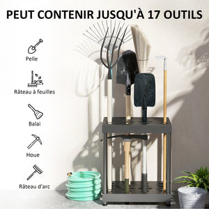 Organisateur d'outils de jardin, support à outils de jardin 16 compartiments à 2 niveaux avec coussinets réglables pour sécateurs, pelles, râteaux, pour abri, garage, noir