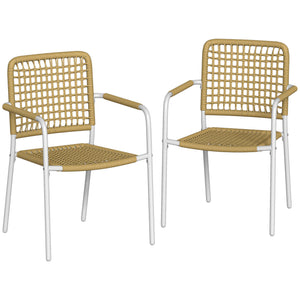Lot de 2 Chaises de Jardin en Résine Tressée, Chaise de Salle à Manger Empilables avec Accoudoirs et Dossier, Fauteuil de Jardin Exterieur pour Balcon Terrasse Patio, Jaune