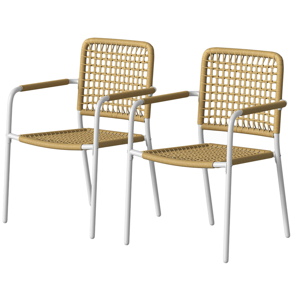 Lot de 2 Chaises de Jardin en Résine Tressée, Chaise de Salle à Manger Empilables avec Accoudoirs et Dossier, Fauteuil de Jardin Exterieur pour Balcon Terrasse Patio, Jaune