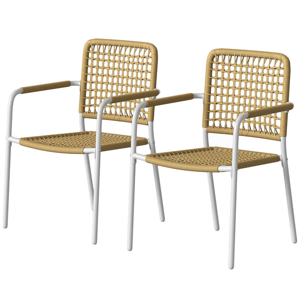 Lot de 2 Chaises de Jardin en Résine Tressée, Chaise de Salle à Manger Empilables avec Accoudoirs et Dossier, Fauteuil de Jardin Exterieur pour Balcon Terrasse Patio, Jaune