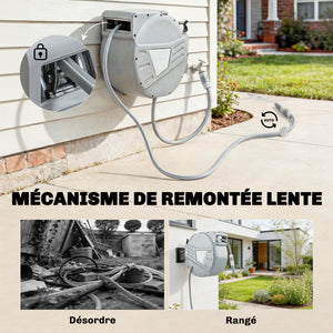 Enrouleur Tuyau Arrosage Mural 20+1,6 m Pivotant à 180°, Dévidoir de Tuyaux d'Eau, Buse 2 Modes, Rembobinage Auto et Progressif avec Verrou, Adaptateurs, pour Jardin, Lavage de Voiture, Gris