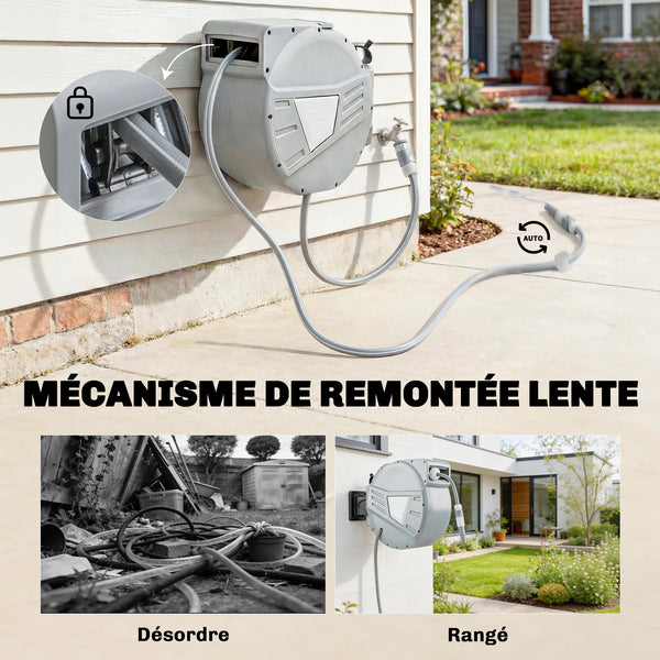 Enrouleur Tuyau Arrosage Mural 20+1,6 m Pivotant à 180°, Dévidoir de Tuyaux d'Eau, Buse 2 Modes, Rembobinage Auto et Progressif avec Verrou, Adaptateurs, pour Jardin, Lavage de Voiture, Gris