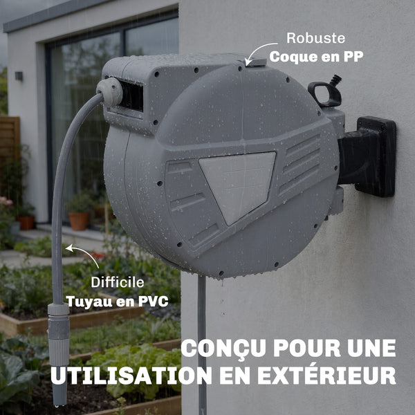 Enrouleur Tuyau Arrosage Mural 20+1,6 m Pivotant à 180°, Dévidoir de Tuyaux d'Eau, Buse 2 Modes, Rembobinage Auto et Progressif avec Verrou, Adaptateurs, pour Jardin, Lavage de Voiture, Gris
