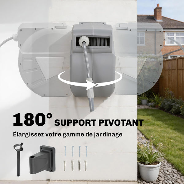 Enrouleur Tuyau Arrosage Mural 20+1,6 m Pivotant à 180°, Dévidoir de Tuyaux d'Eau, Buse 2 Modes, Rembobinage Auto et Progressif avec Verrou, Adaptateurs, pour Jardin, Lavage de Voiture, Gris