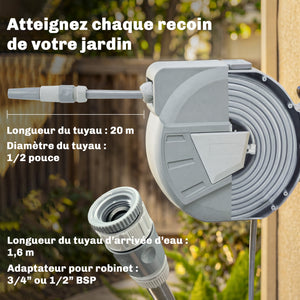 Enrouleur Tuyau Arrosage Mural 20+1,6 m Pivotant à 180°, Dévidoir de Tuyaux d'Eau, Buse 2 Modes, Rembobinage Auto et Progressif avec Verrou, Adaptateurs, pour Jardin, Lavage de Voiture, Gris