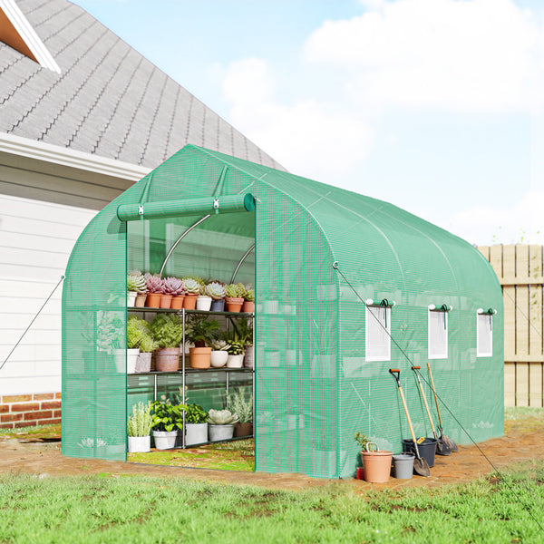 Serre tunnel de jardin 6m², serre de jardin avec étagères, 198x293x194cm, cadre en acier galvanisé, porte et 6 fenêtres, pour extérieur, toutes saisons, bâche PE haute densité 140 g/m², vert