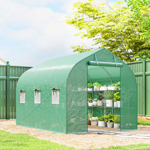 Serre tunnel de jardin 6m², serre de jardin avec étagères, 198x293x194cm, cadre en acier galvanisé, porte et 6 fenêtres, pour extérieur, toutes saisons, bâche PE haute densité 140 g/m², vert