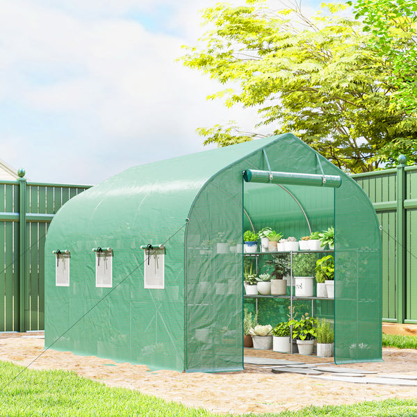 Serre tunnel de jardin 6m², serre de jardin avec étagères, 198x293x194cm, cadre en acier galvanisé, porte et 6 fenêtres, pour extérieur, toutes saisons, bâche PE haute densité 140 g/m², vert