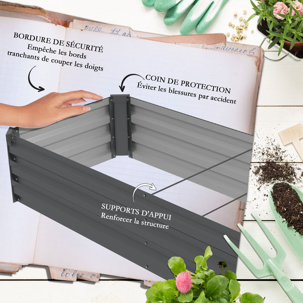 Carré potager rectangulaire, lit de jardin surélevé en acier galvanisé, fond ouvert, jardinière avec coins de protection, 240 x 60 x 30 cm, gris foncé