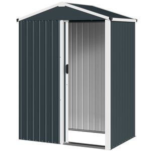 Abri de jardin en métal, cabane de jardin extérieure 136 x 87 x 179 cm, porte coulissante verrouillable, toit pointu et gants, cabanon rangement outils en acier galvanisé, gris foncé
