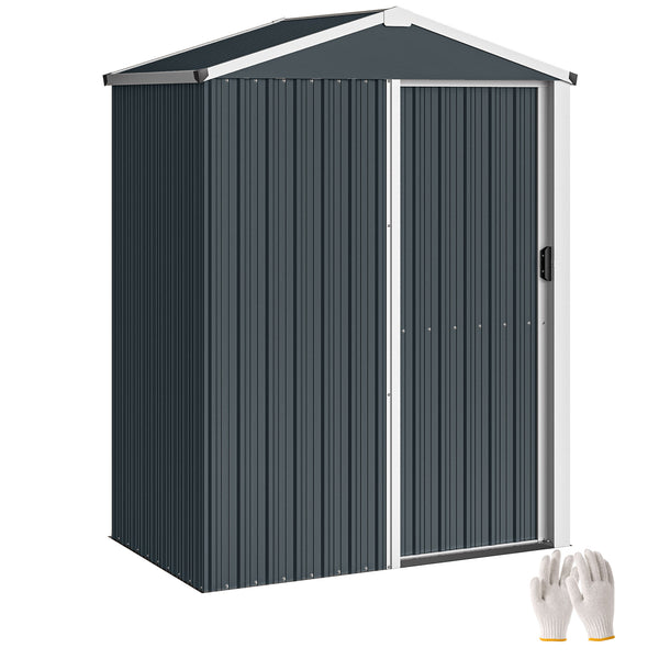Abri de jardin en métal, cabane de jardin extérieure 136 x 87 x 179 cm, porte coulissante verrouillable, toit pointu et gants, cabanon rangement outils en acier galvanisé, gris foncé