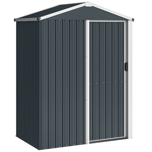 Abri de jardin en métal, cabane de jardin extérieure 136 x 87 x 179 cm, porte coulissante verrouillable, toit pointu et gants, cabanon rangement outils en acier galvanisé, gris foncé