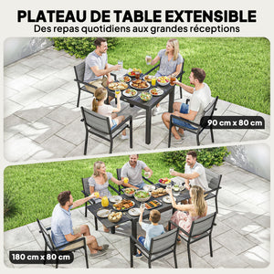 Ensemble de Salle à Manger Extérieur 7 Pièces, Table et Chaises de Patio en Aluminium pour 6 Personnes avec Table Extensible et Chaises Empilables, Résistant aux Intempéries, Gris