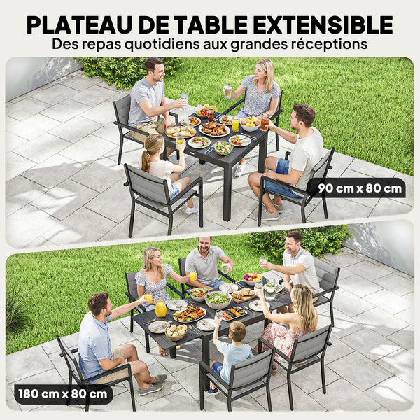 Ensemble de Salle à Manger Extérieur 7 Pièces, Table et Chaises de Patio en Aluminium pour 6 Personnes avec Table Extensible et Chaises Empilables, Résistant aux Intempéries, Gris