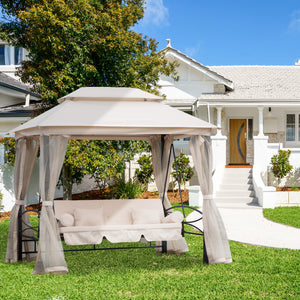 Balancelle de Jardin 3 Places Convertible Style Colonial Grand Confort 2 Coussins + Matelas + moustiquaires Inclus Noir Beige