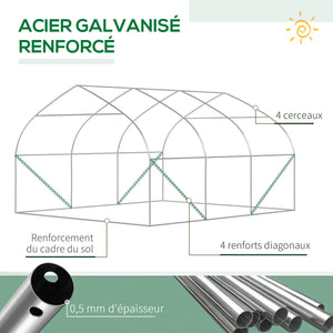 Serre de jardin tunnel, 10,4 m², serre de jardin, anti-UV, porte zippée enroulable, fenêtres en maille, tube d'acier galvanisé et PE 140g/㎡, 350 x 300 x 200 cm, vert
