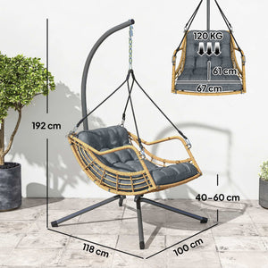 Fauteuil suspendu en résine tressée avec support, chaise suspendue, chaise hamac balançoire, coussin et attache de sécurité, hauteur réglable, cadre en acier, intérieur et extérieur, gris