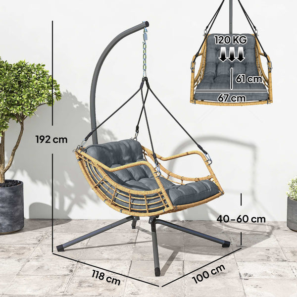 Fauteuil suspendu en résine tressée avec support, chaise suspendue, chaise hamac balançoire, coussin et attache de sécurité, hauteur réglable, cadre en acier, intérieur et extérieur, gris