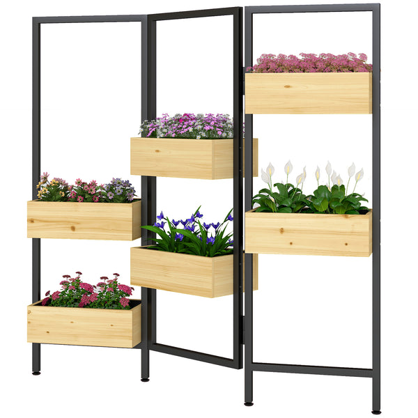 Séparateur de pièce avec 6 bacs à plantes, paravent extérieur pliable à 3 panneaux avec trou de drainage et doublure, pour l'intérieur et l'extérieur, patio, balcon, salon, bois naturel