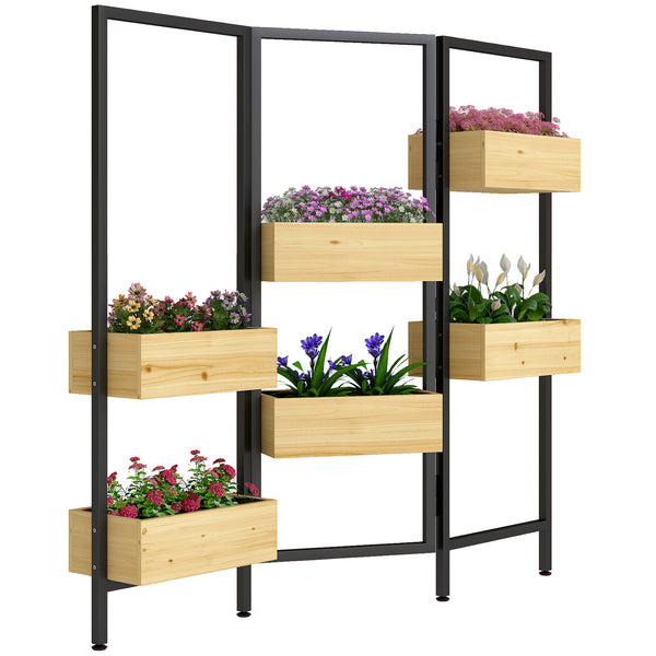 Séparateur de pièce avec 6 bacs à plantes, paravent extérieur pliable à 3 panneaux avec trou de drainage et doublure, pour l'intérieur et l'extérieur, patio, balcon, salon, bois naturel