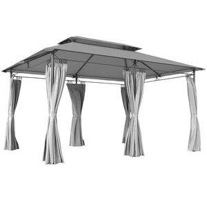Gazebo de jardin 3x4 m avec rideaux amovibles, toit double et 12 trous de drainage, gazebo d'extérieur en métal et polyester, pour jardin, balcon, fêtes, camping, gris foncé