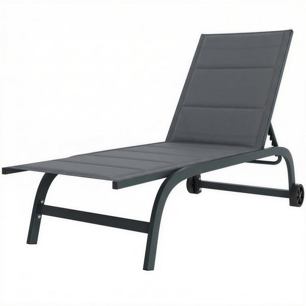 Bain de Soleil en Aluminium, Dossier Réglable 6 Positions avec Roues, Textilène 560g/m² et Rembourrage Intégré, Chaise Longue Anti-Rouille pour Terrasse Piscine Jardin Plage, Gris Foncé