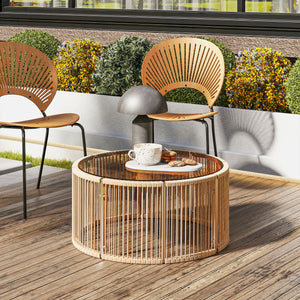 Table Basse de Jardin Ronde en Résine Tressée, Table d'Appoint avec Plateau en Verre Trempé et Cadre en Acier Galvanisé pour Patio, Jardin, Salon, 70x70x33cm, Marron