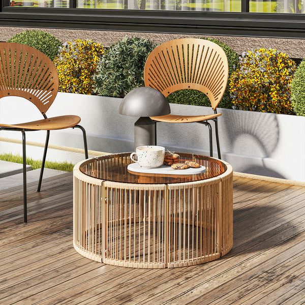 Table Basse de Jardin Ronde en Résine Tressée, Table d'Appoint avec Plateau en Verre Trempé et Cadre en Acier Galvanisé pour Patio, Jardin, Salon, 70x70x33cm, Marron