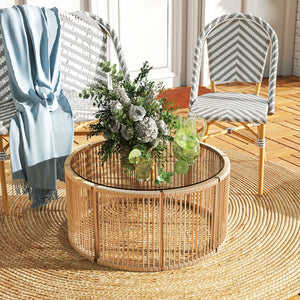 Table Basse de Jardin Ronde en Résine Tressée, Table d'Appoint avec Plateau en Verre Trempé et Cadre en Acier Galvanisé pour Patio, Jardin, Salon, 70x70x33cm, Marron